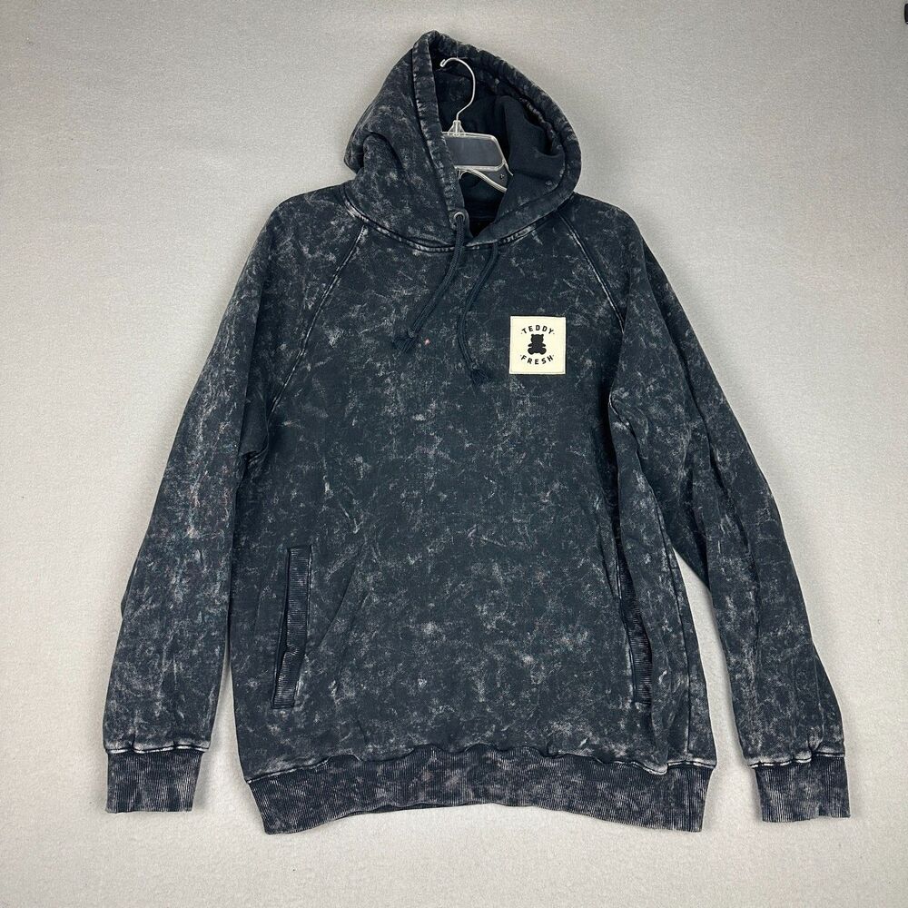 Teddy Fresh Mens Large Acid Wash Hoodie Sweatshirt Black Gray 100% Cotton Logo